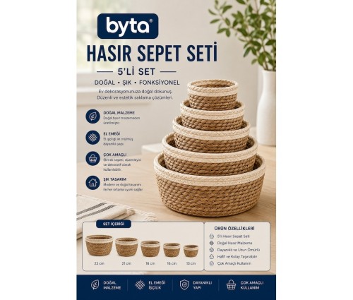 5'li Hasır Sepet Seti Doğal El Örgüsü Dekoratif Düzenleyici Organizer Saklama Sepeti 23-21-18-16-13 cm
