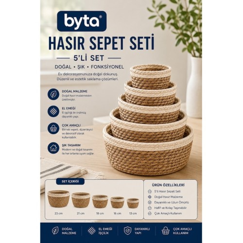 5'li Hasır Sepet Seti Doğal El Örgüsü Dekoratif Düzenleyici Organizer Saklama Sepeti 23-21-18-16-13 cm