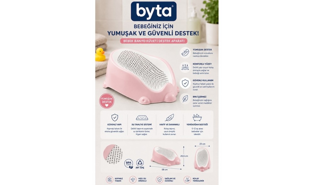 Bebek Küveti Destek Aparatı Ergonomik Kaymaz Yenidoğan Bebek Banyo Desteği 58 x 25,5 x 23 cm