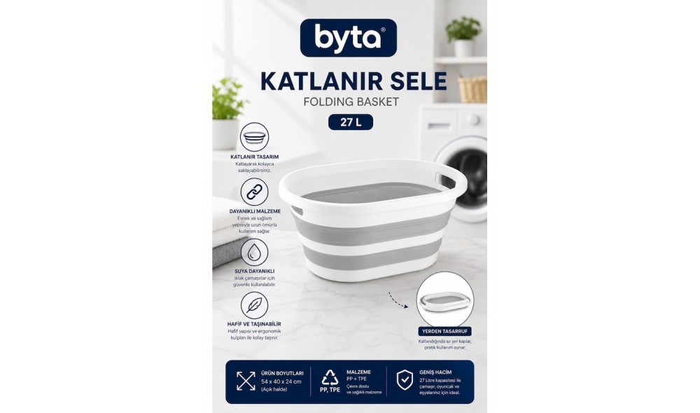 27 L Katlanabilir Çamaşır Sepeti Gri-Beyaz Çok Amaçlı Yer Tasarruflu Organizer Sepet