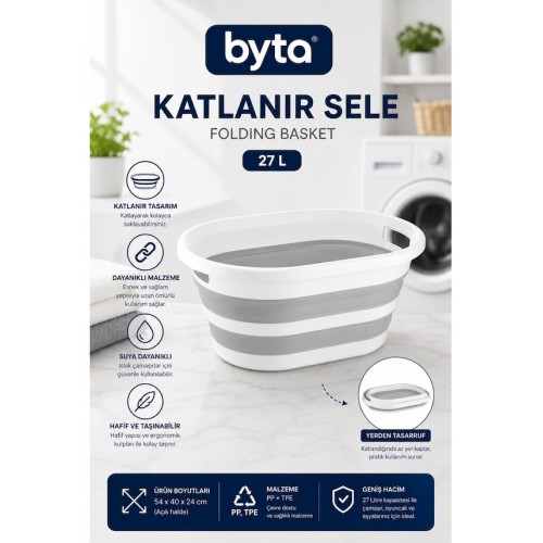 27 L Katlanabilir Çamaşır Sepeti Gri-Beyaz Çok Amaçlı Yer Tasarruflu Organizer Sepet