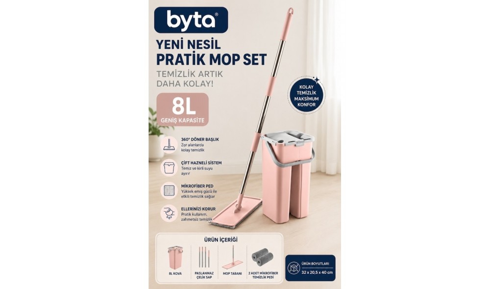Yeni Nesil Pratik Mop Seti 8 L Çift Hazneli Temizlik Kovası ve Mikrofiber Flat Mop