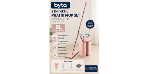 Yeni Nesil Pratik Mop Seti 8 L Çift Hazneli Temizlik Kovası ve Mikrofiber Flat Mop