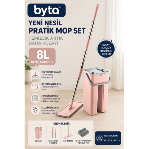 Yeni Nesil Pratik Mop Seti 8 L Çift Hazneli Temizlik Kovası ve Mikrofiber Flat Mop