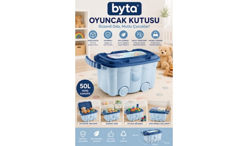50 Litre Tekerlekli Oyuncak Saklama Kutusu – Kapaklı, Çok Amaçlı Düzenleyici Saklama Sandığı, Dayanıklı PP Plastik