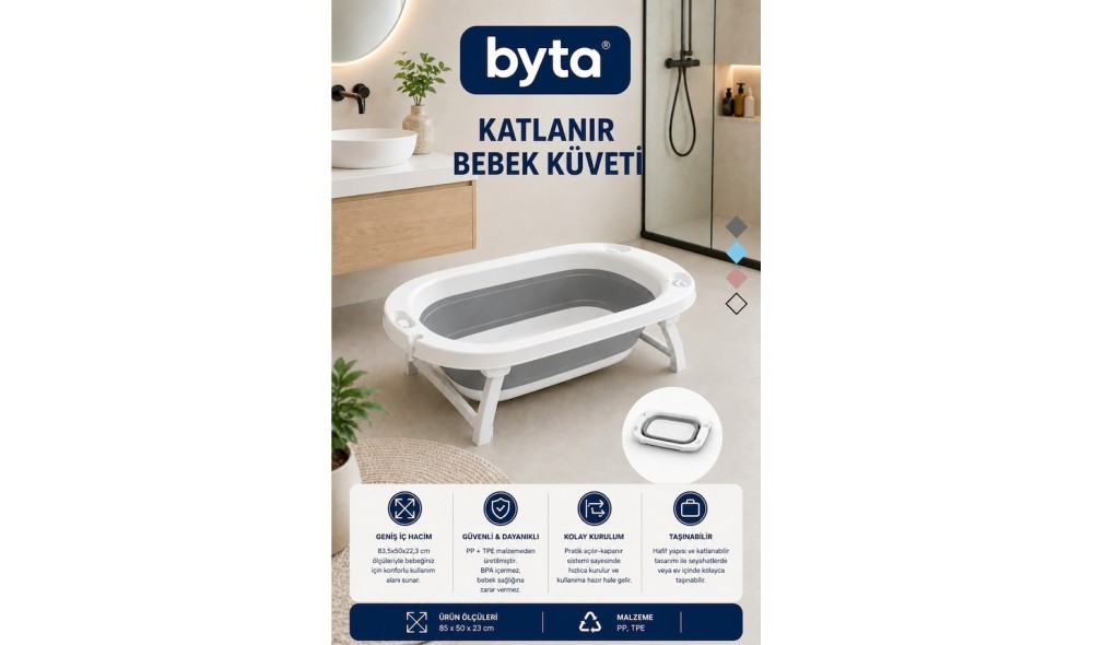 Katlanabilir Bebek Küveti Gri-Beyaz Portatif Bebek Banyo Küveti
