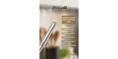 KitchenDORE Paslanmaz Çelik Oklava 304 Çelik İnce Hamur Açmaya Uygun Özel Ağırlık Dengeli Gümüş Merdane 