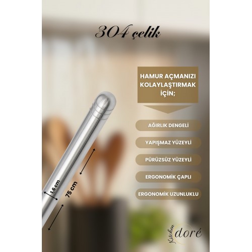 KitchenDORE Paslanmaz Çelik Oklava 304 Çelik İnce Hamur Açmaya Uygun Özel Ağırlık Dengeli Gümüş Merdane 