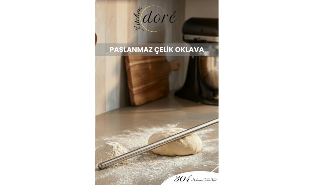 KitchenDORE Paslanmaz Çelik Oklava 304 Çelik İnce Hamur Açmaya Uygun Özel Ağırlık Dengeli Gümüş Merdane 