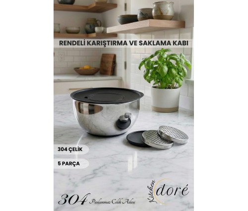 KitchenDORE Rendeli Karıştırma Çırpma ve Saklama Kabı 5 Parça Derin Yapılı Hamur Yoğurmaya Uygun