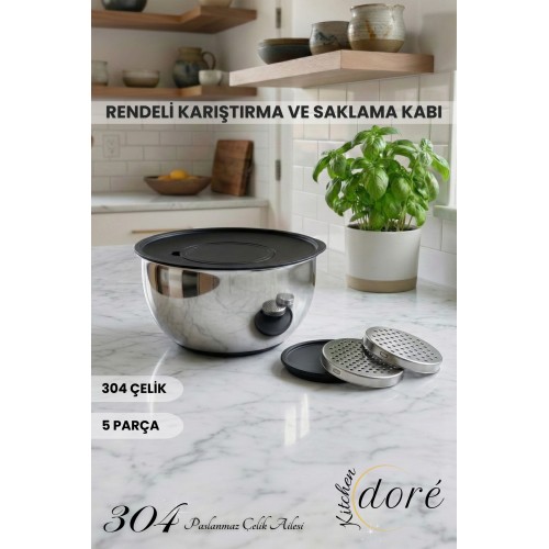 KitchenDORE Rendeli Karıştırma Çırpma ve Saklama Kabı 5 Parça Derin Yapılı Hamur Yoğurmaya Uygun
