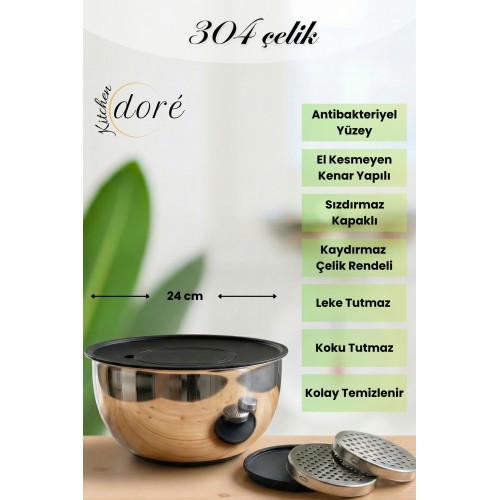 KitchenDORE Rendeli Karıştırma Çırpma ve Saklama Kabı 5 Parça Derin Yapılı Hamur Yoğurmaya Uygun