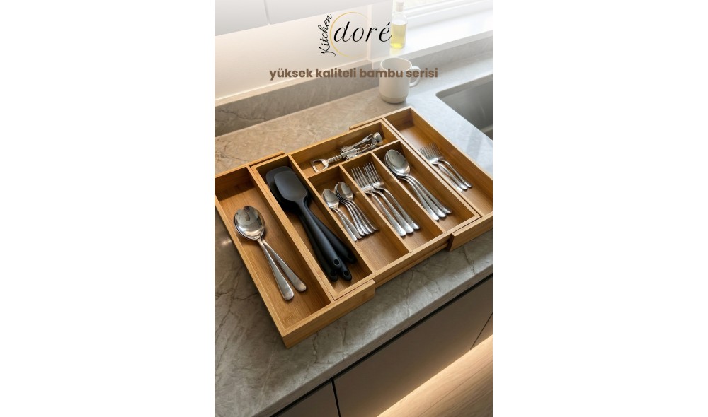 KitchenDORE Bambu Kaşıklık Bölmeli Ayarlanabilir Çekmece İçi Kaşıklık Çatallık