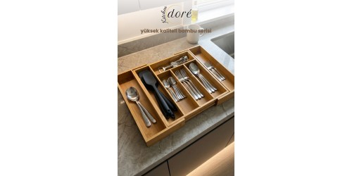 KitchenDORE Bambu Kaşıklık Bölmeli Ayarlanabilir Çekmece İçi Kaşıklık Çatallık