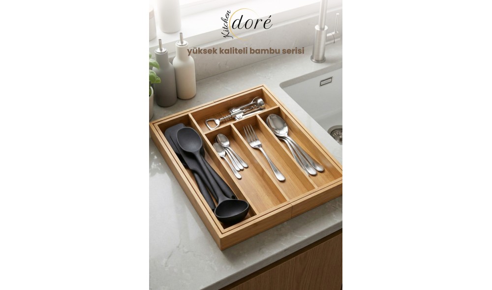 KitchenDORE Bambu Kaşıklık Bölmeli Ayarlanabilir Çekmece İçi Kaşıklık Çatallık