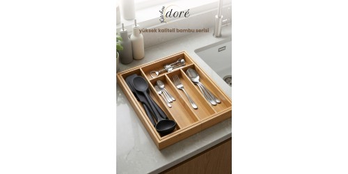 KitchenDORE Bambu Kaşıklık Bölmeli Ayarlanabilir Çekmece İçi Kaşıklık Çatallık