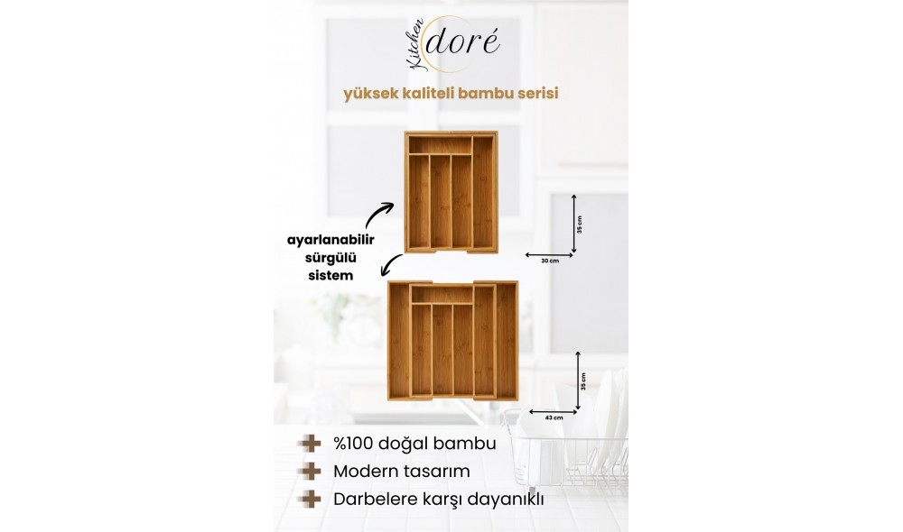 KitchenDORE Bambu Kaşıklık Bölmeli Ayarlanabilir Çekmece İçi Kaşıklık Çatallık