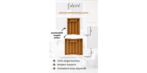 KitchenDORE Bambu Kaşıklık Bölmeli Ayarlanabilir Çekmece İçi Kaşıklık Çatallık