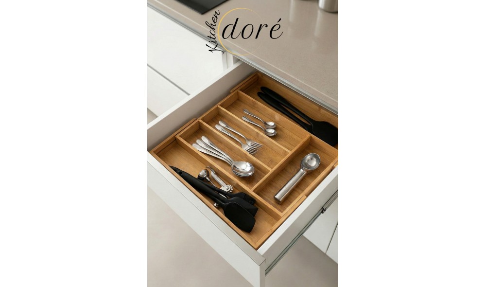 KitchenDORE Bambu Kaşıklık Bölmeli Ayarlanabilir Çekmece İçi Kaşıklık Çatallık