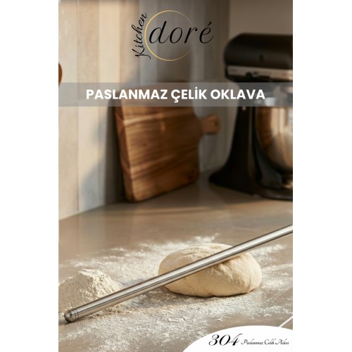 KitchenDORE Paslanmaz Çelik Oklava 304 Çelik İnce Hamur Açmaya Uygun Özel Ağırlık Dengeli Gümüş Merdane 